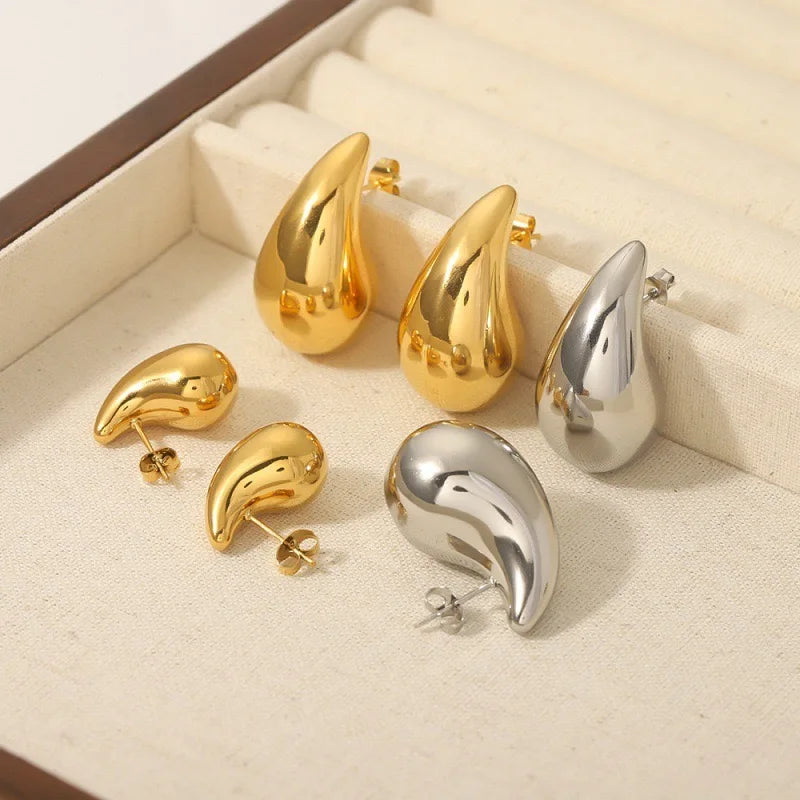 Brincos Vintage Chunky Gota de Água para Mulheres - Aço Inoxidável, Banho de Ouro 10-31mm