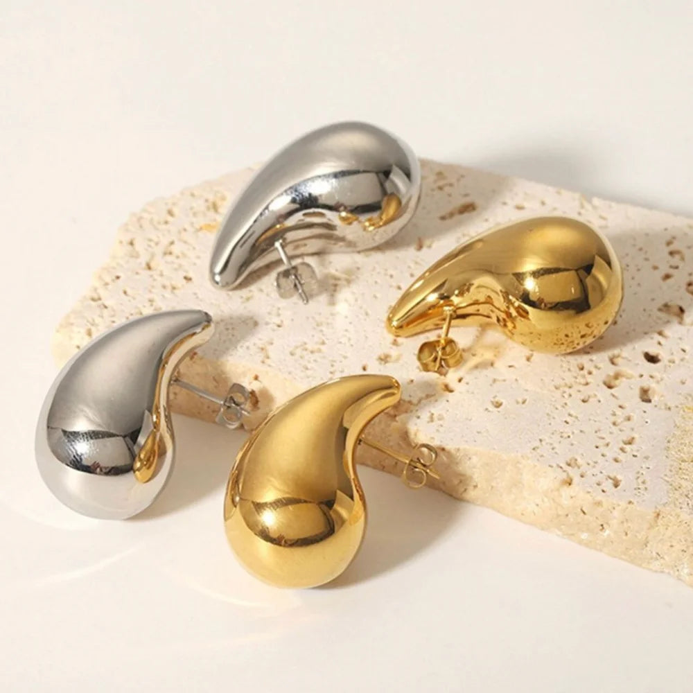 Brincos Vintage Chunky Gota de Água para Mulheres - Aço Inoxidável, Banho de Ouro 10-31mm