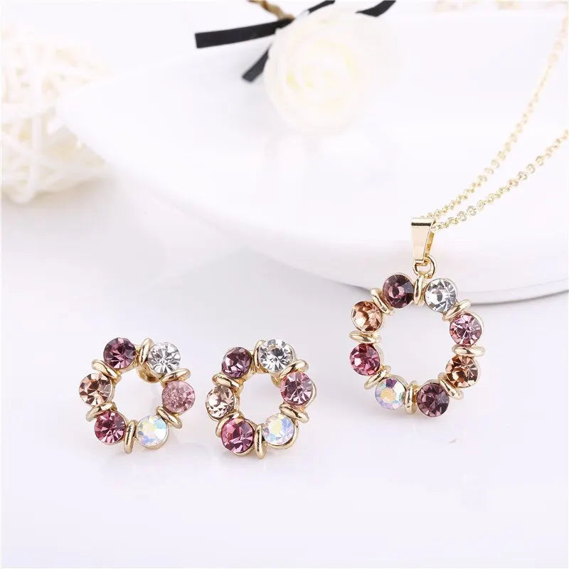 Conjunto de Colar e Brincos Ouro 3 Peças – Estilo Simples e Fashion para Mulheres, Joias Elegantes com Forma Circular de Diamante e Vidro Manchado