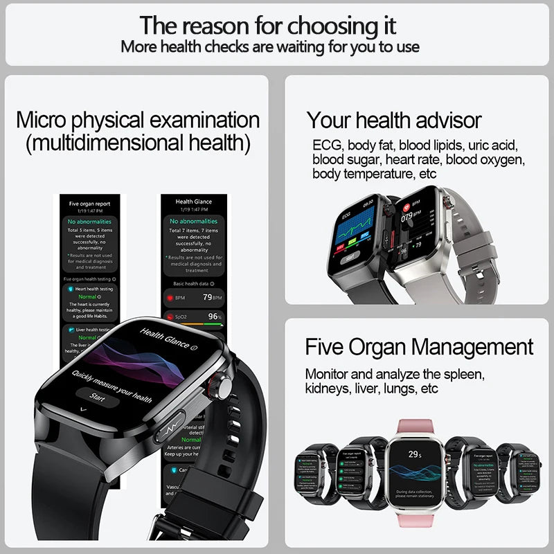Novo Smartwatch para Homens com Monitoramento de Ácido Úrico, Gordura no Sangue, Glicose no Sangue, ECG+PPG, Pressão Arterial, Chamadas Bluetooth e Funções Esportivas - Compatível com Xiaomi
