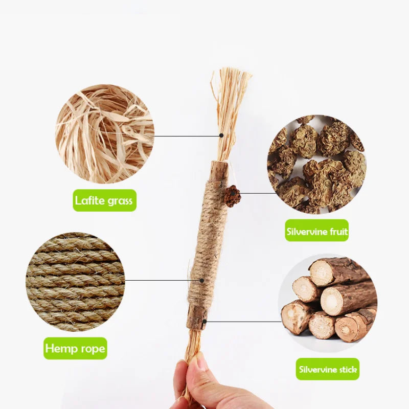 Peça de Brinquedo para Gatos - Bastão de Mastigar de Silvervine, Polygonum, Grama de Raffia, Suprimentos para Animais de Estimação, Bastão para Limpeza de Dentes, Brinquedo de Mastigar para Gatos com Corda de Cânhamo.