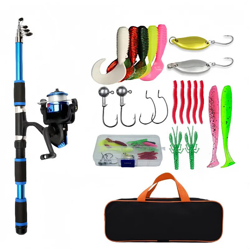 Conjunto Completo de Vara de Pesca com Vara Telescópica e Carretel de Spinning, Iscas, Ganchos, Conjunto de Vara de Pesca para Viagem