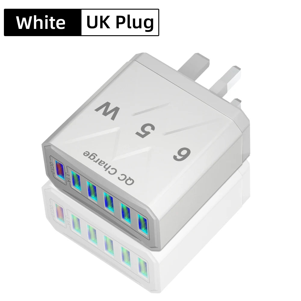 Carregador Rápido USB de 65W com 6 Portas - Adaptador de Viagem QC3.0 para iPhone 14, Samsung, Xiaomi - Plugue EU, KR, US, UK