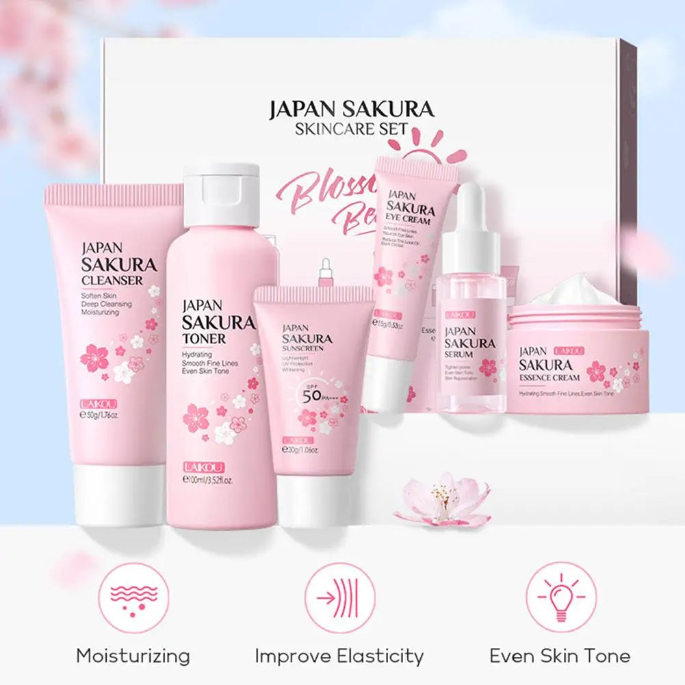 Kit de Cuidados com a Pele Sakura – 6 Peças para o Rosto (Creme Facial, Sérum, Tônico, Limpeza Facial, Protetor Solar, Creme para os Olhos