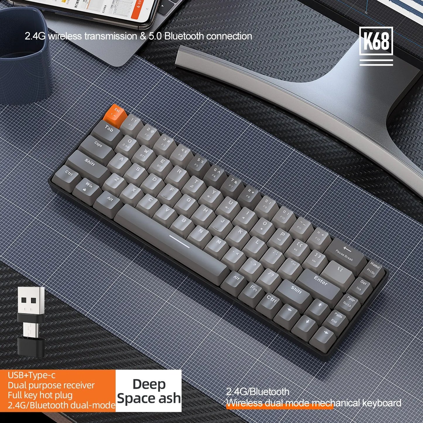 Teclado Mecânico Sem Fio 60%, Bluetooth, Modo Duplo, Hot-Swappable, Mini de 68 Teclas, Switch Vermelho, para PC, PS4, Xbox, iPhone e iPad