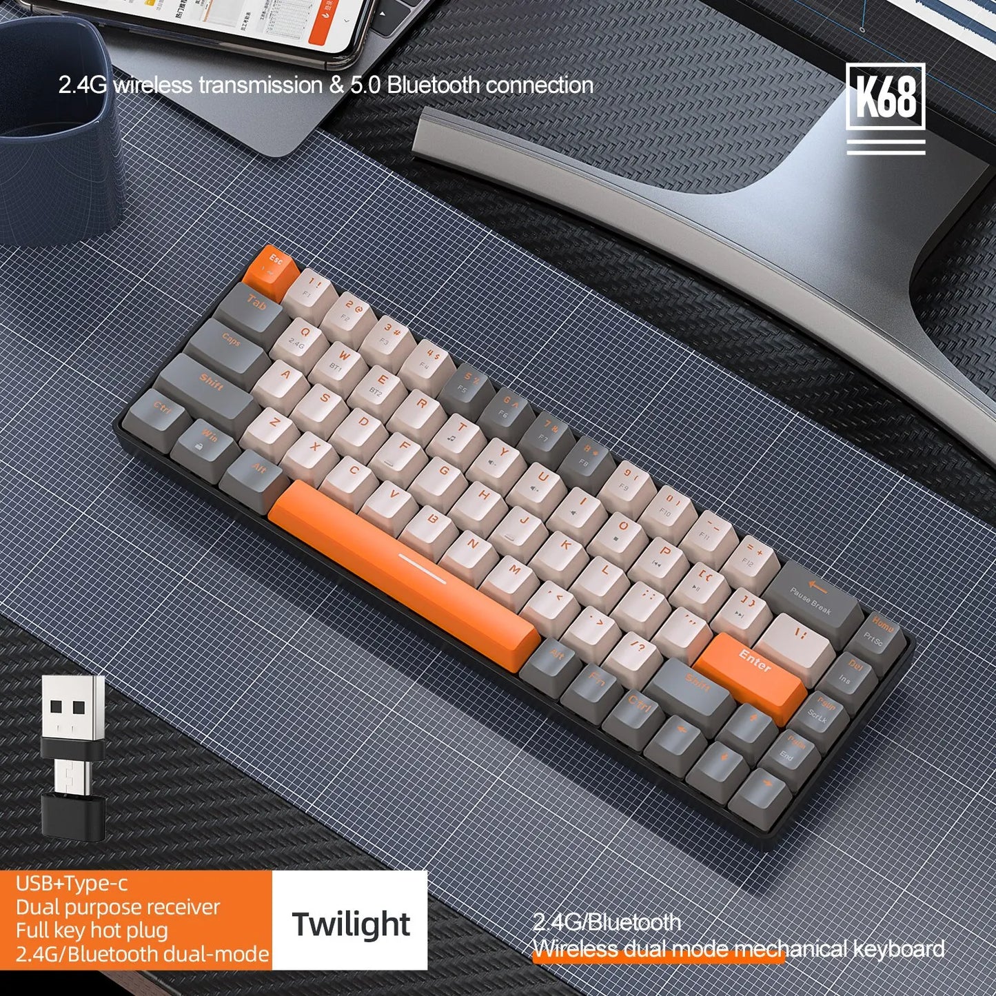 Teclado Mecânico Sem Fio 60%, Bluetooth, Modo Duplo, Hot-Swappable, Mini de 68 Teclas, Switch Vermelho, para PC, PS4, Xbox, iPhone e iPad