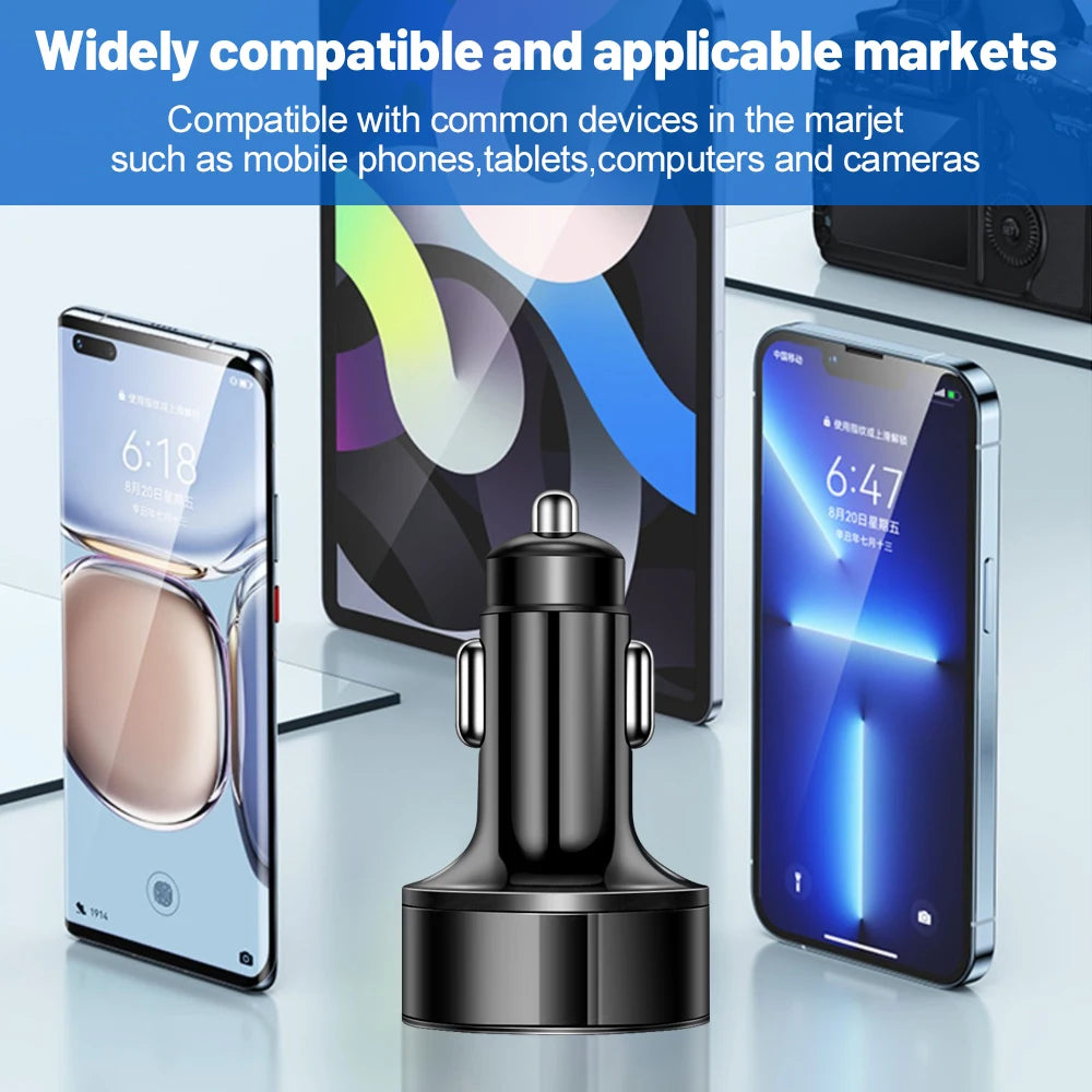 Carregador de Carro LED 250W 5 Portas com Carga Rápida PD QC3.0 e Tipo C - Carregador de Celular para iPhone, Samsung, Huawei, Xiaomi