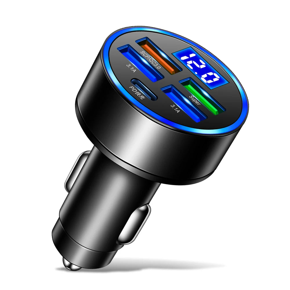 Carregador de Carro LED 250W 5 Portas com Carga Rápida PD QC3.0 e Tipo C - Carregador de Celular para iPhone, Samsung, Huawei, Xiaomi