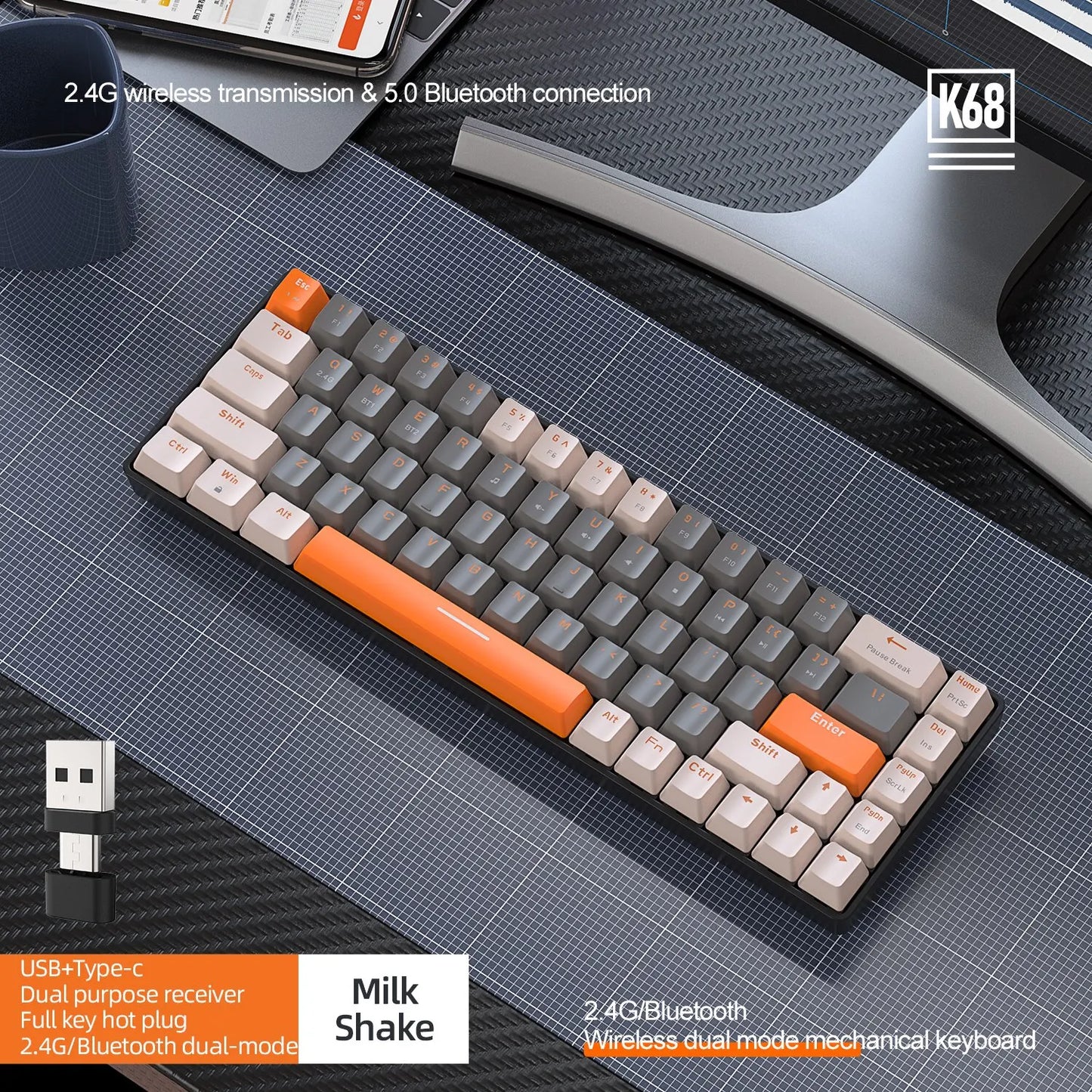Teclado Mecânico Sem Fio 60%, Bluetooth, Modo Duplo, Hot-Swappable, Mini de 68 Teclas, Switch Vermelho, para PC, PS4, Xbox, iPhone e iPad