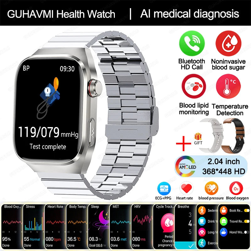 Novo Smartwatch para Homens com Monitoramento de Ácido Úrico, Gordura no Sangue, Glicose no Sangue, ECG+PPG, Pressão Arterial, Chamadas Bluetooth e Funções Esportivas - Compatível com Xiaomi