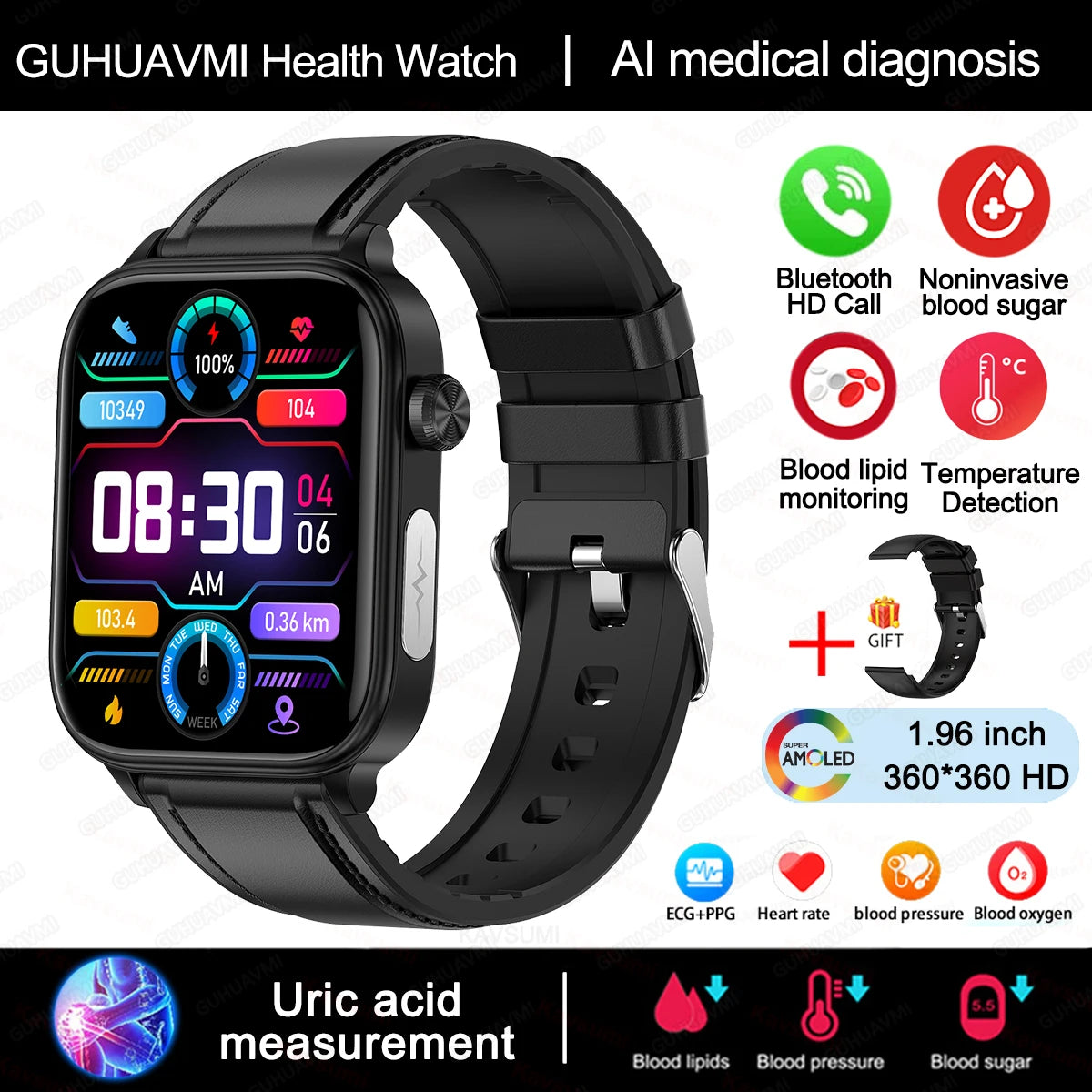 Novo Smartwatch para Homens com Diagnóstico Médico AI - Monitoramento de Lipídios no Sangue, Ácido Úrico, Glicose no Sangue, ECG+PPG, Chamadas Bluetooth, e Funções de Saúde