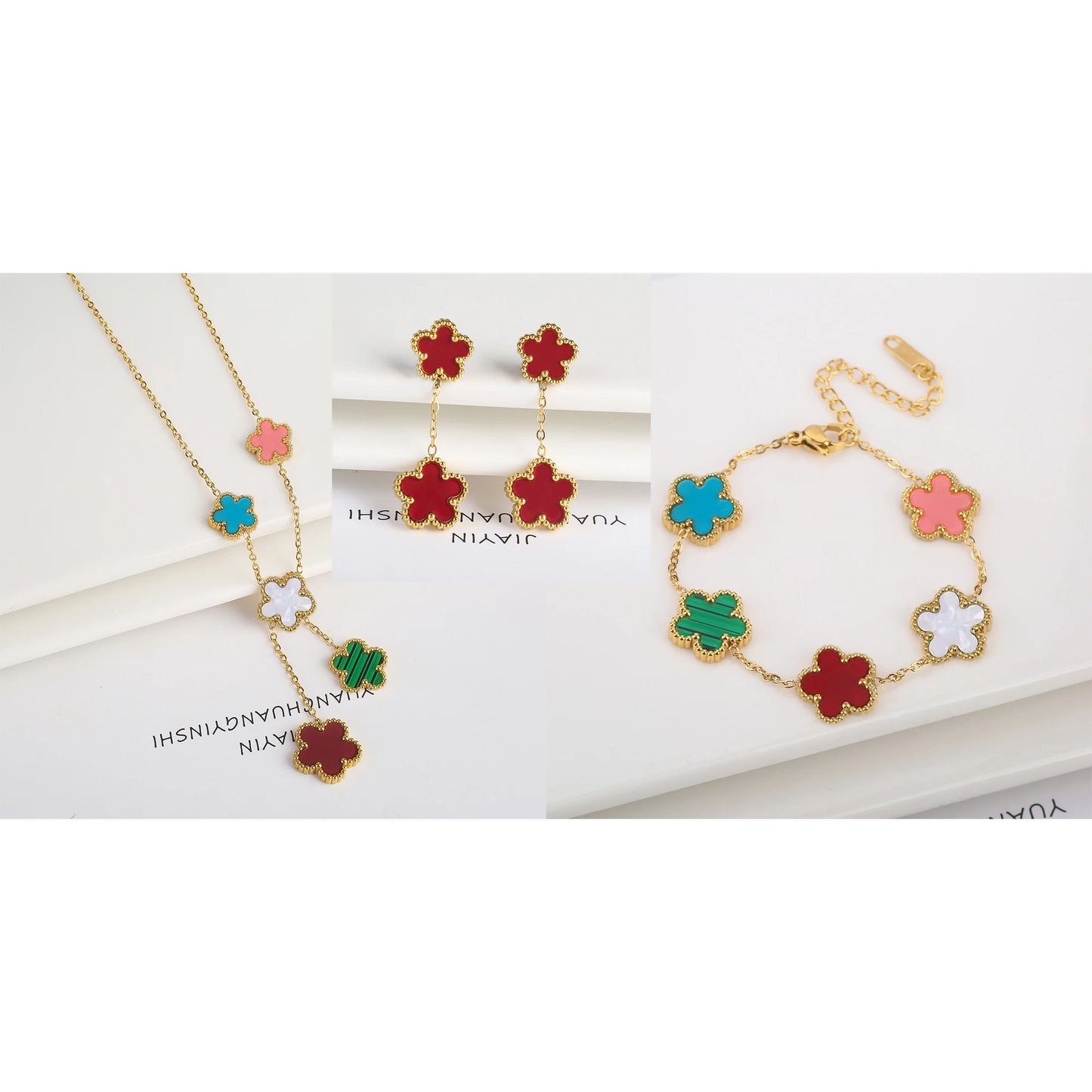 Conjunto de Joias Femininas 18k Banho de Ouro - Colar, Brincos e Pulseira com Flor de Cinco Pétalas para Festa e Uso Diário