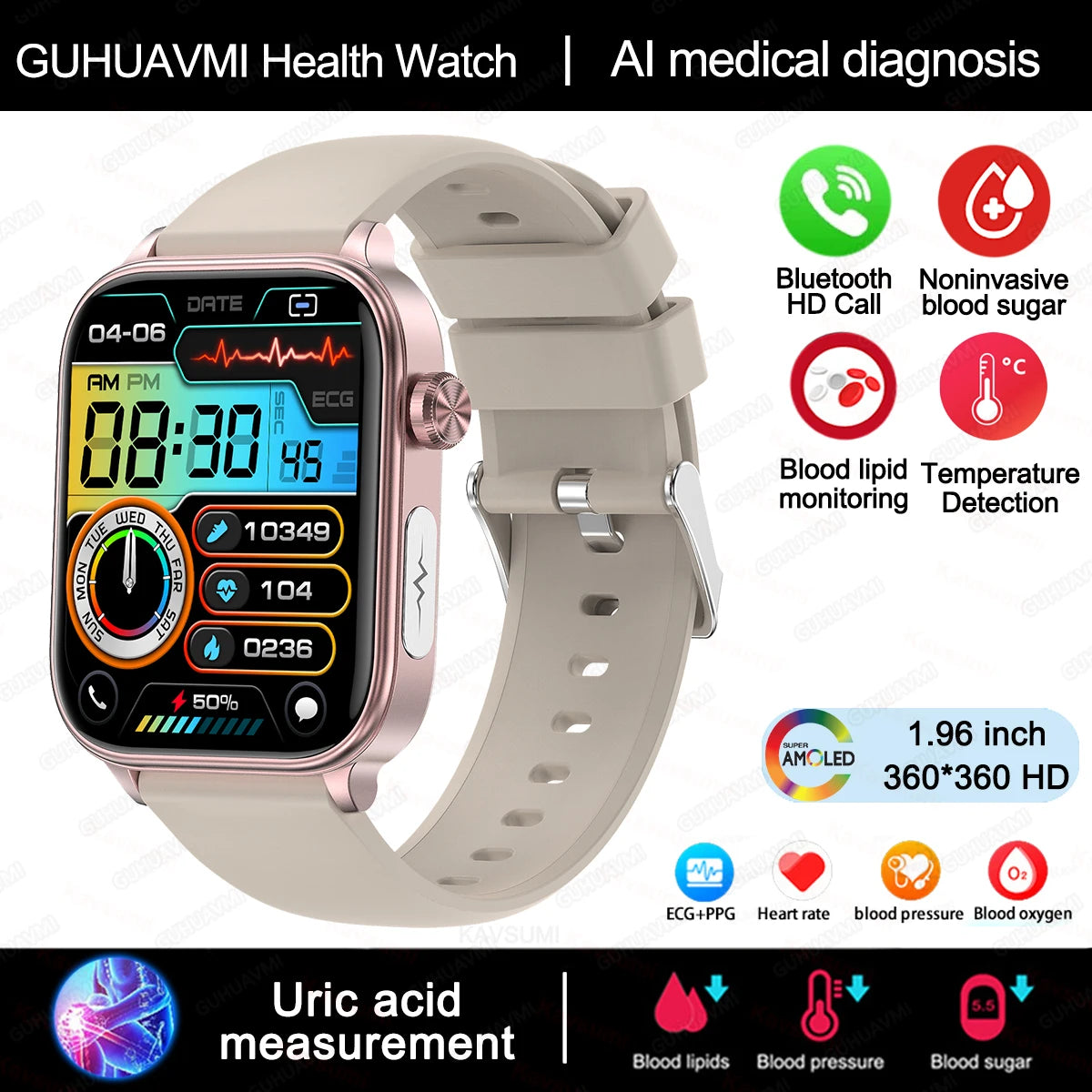 Novo Smartwatch para Homens com Diagnóstico Médico AI - Monitoramento de Lipídios no Sangue, Ácido Úrico, Glicose no Sangue, ECG+PPG, Chamadas Bluetooth, e Funções de Saúde
