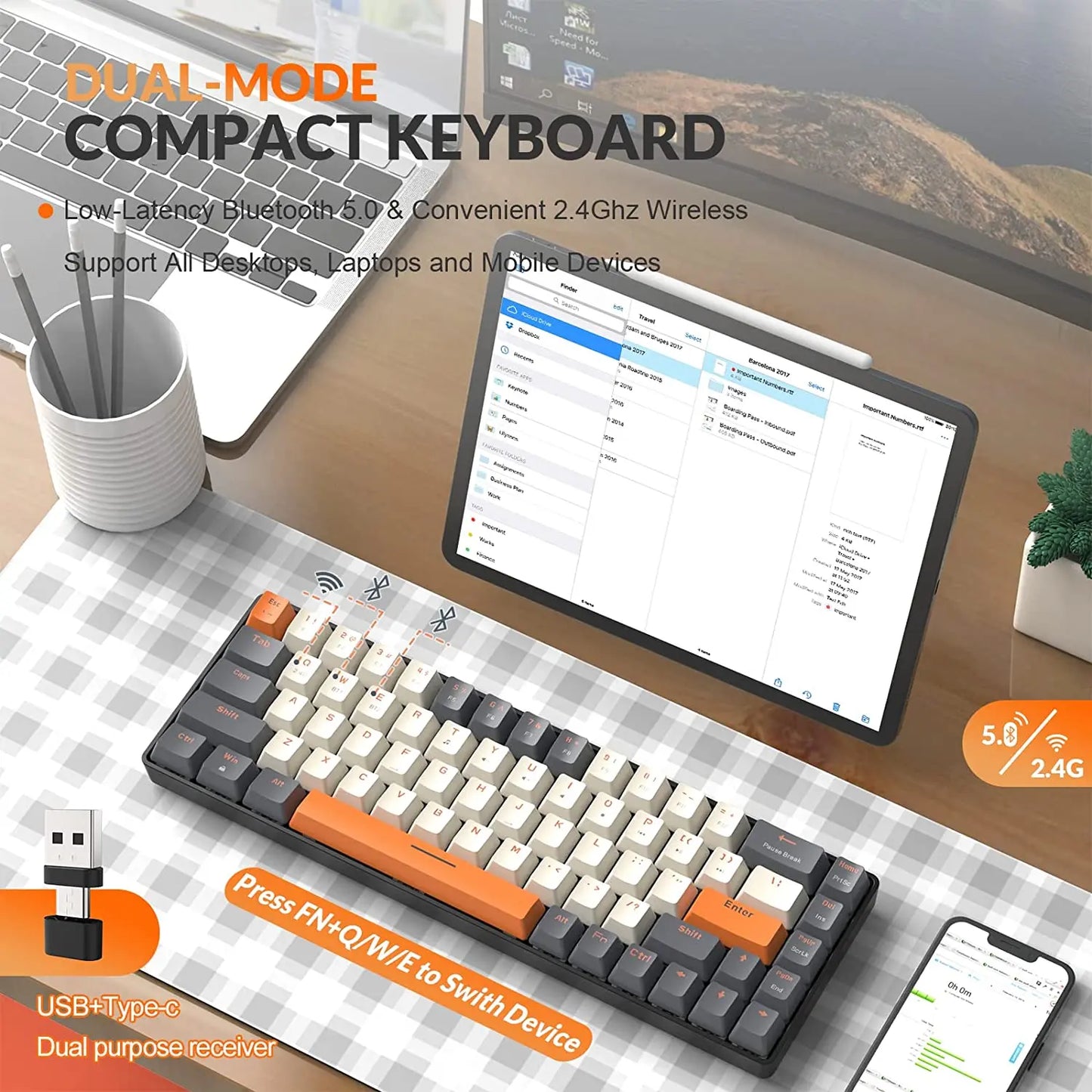 Teclado Mecânico Sem Fio 60%, Bluetooth, Modo Duplo, Hot-Swappable, Mini de 68 Teclas, Switch Vermelho, para PC, PS4, Xbox, iPhone e iPad