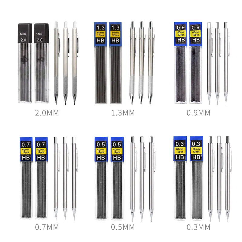 Conjunto de Lápis Mecânico 0.3, 0.5, 0.7, 0.9, 1.3, 2.0mm - Lápis Automático de Metal Completo para Desenho e Pintura com Refis para Escritório e Escola