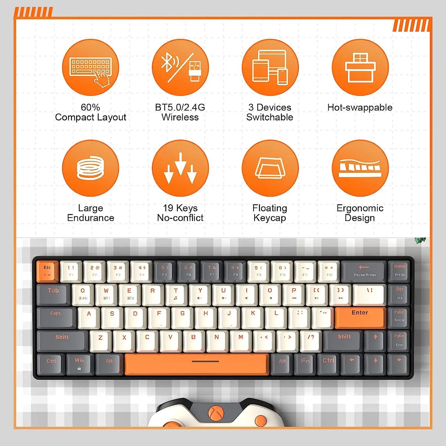 Teclado Mecânico Sem Fio 60%, Bluetooth, Modo Duplo, Hot-Swappable, Mini de 68 Teclas, Switch Vermelho, para PC, PS4, Xbox, iPhone e iPad