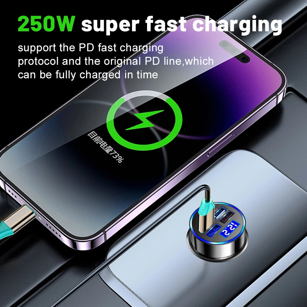 Carregador de Carro LED 250W 5 Portas com Carga Rápida PD QC3.0 e Tipo C - Carregador de Celular para iPhone, Samsung, Huawei, Xiaomi