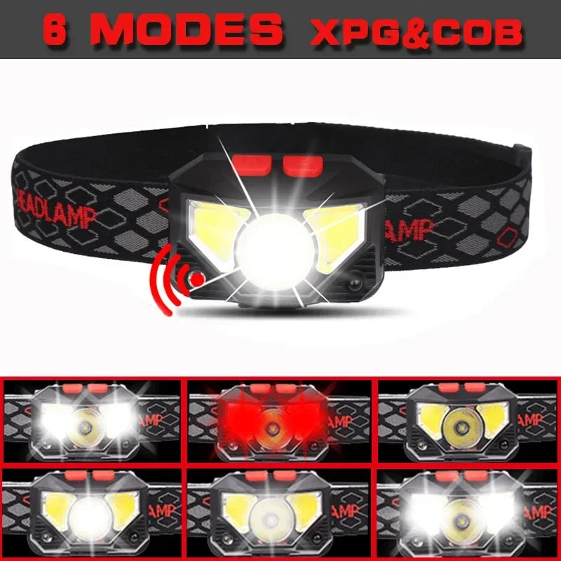 Lanterna de Cabeça LED COB com Sensor de Movimento e 8 Modos - Ideal para Camping, Pesca e Atividades ao Ar Livre