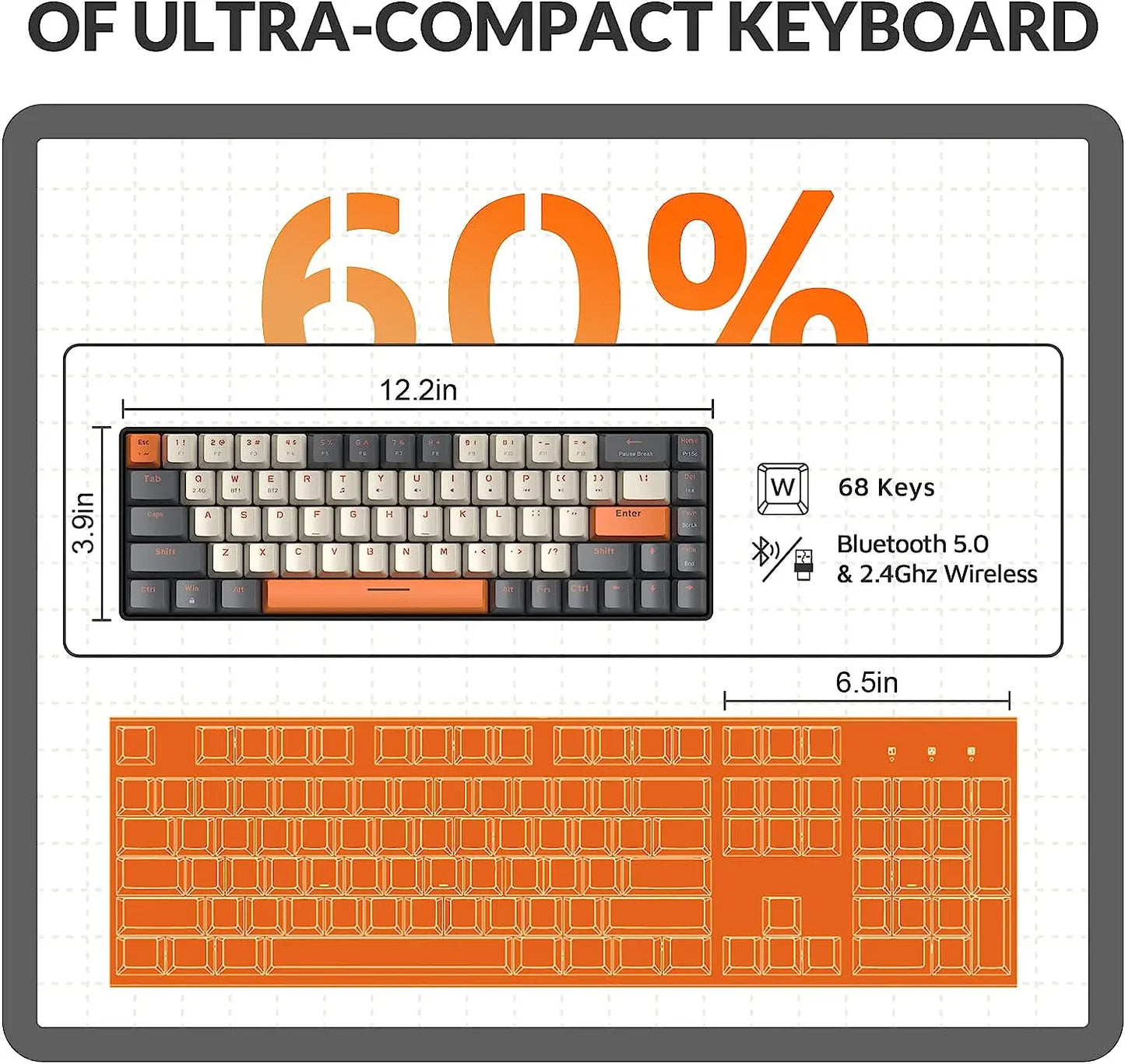 Teclado Mecânico Sem Fio 60%, Bluetooth, Modo Duplo, Hot-Swappable, Mini de 68 Teclas, Switch Vermelho, para PC, PS4, Xbox, iPhone e iPad