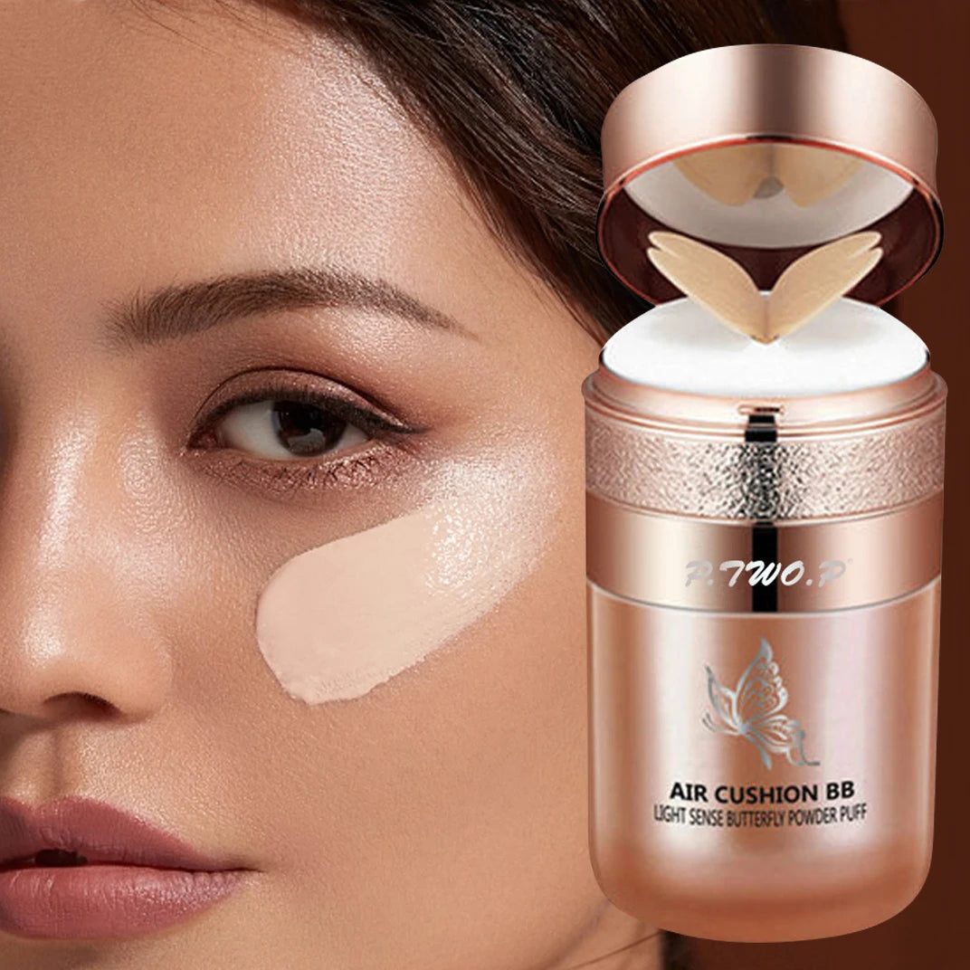 BB Cream Air Cushion com Puff de Pó em Forma de Borboleta - Hidratante, Base, Corretivo, Clareamento, Controle de Oleosidade, Maquiagem à Prova d'Água