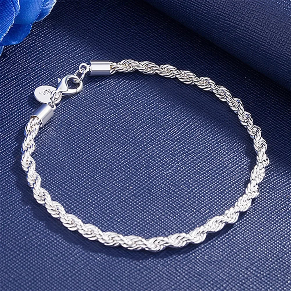 Linda pulseira de Cadeia 4MM de Ouro 18K e Prata Esterlina 925 para Homens e Mulheres, Charmosa, para Casamento e Festa - 20cm / 8 polegadas