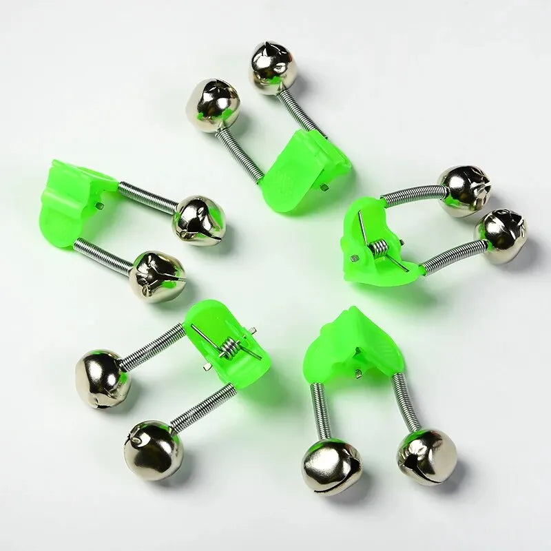 Conjunto de 5 Peças de Alarme de Mordida para Pesca – Sino para Vara de Pesca, Clipes de Ponta, Anel Verde de ABS, Acessório de Pesca ao Ar Livre com Detalhes Metálicos