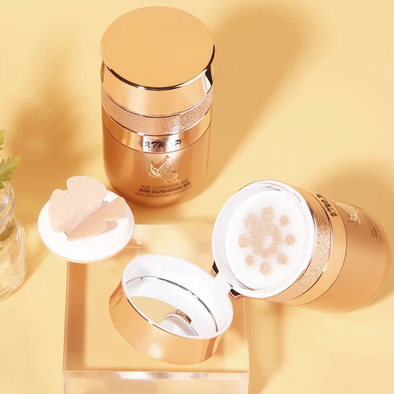 BB Cream Air Cushion com Puff de Pó em Forma de Borboleta - Hidratante, Base, Corretivo, Clareamento, Controle de Oleosidade, Maquiagem à Prova d'Água