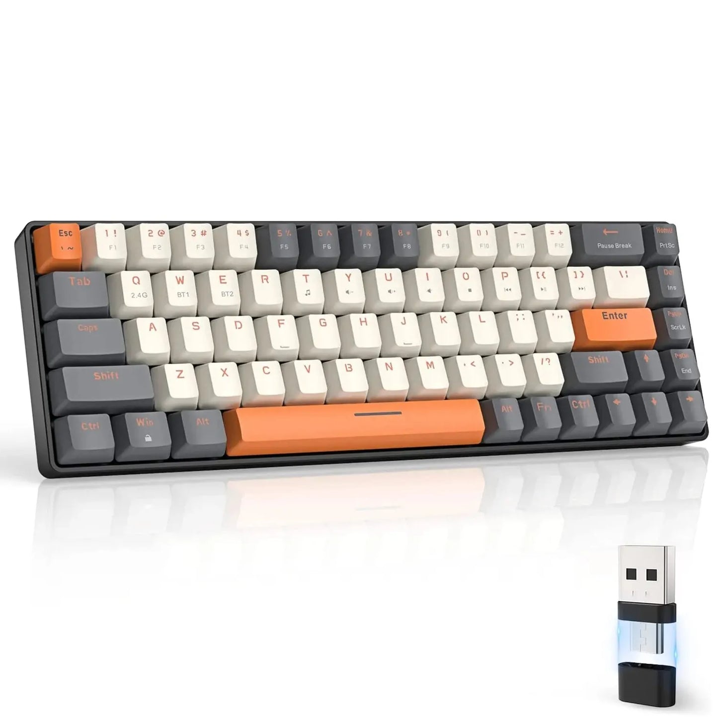 Teclado Mecânico Sem Fio 60%, Bluetooth, Modo Duplo, Hot-Swappable, Mini de 68 Teclas, Switch Vermelho, para PC, PS4, Xbox, iPhone e iPad