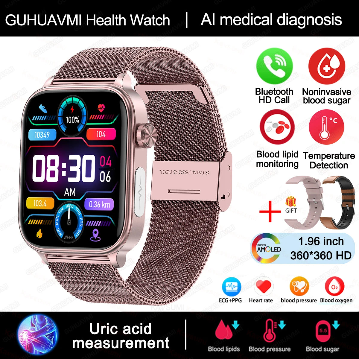 Novo Smartwatch para Homens com Diagnóstico Médico AI - Monitoramento de Lipídios no Sangue, Ácido Úrico, Glicose no Sangue, ECG+PPG, Chamadas Bluetooth, e Funções de Saúde