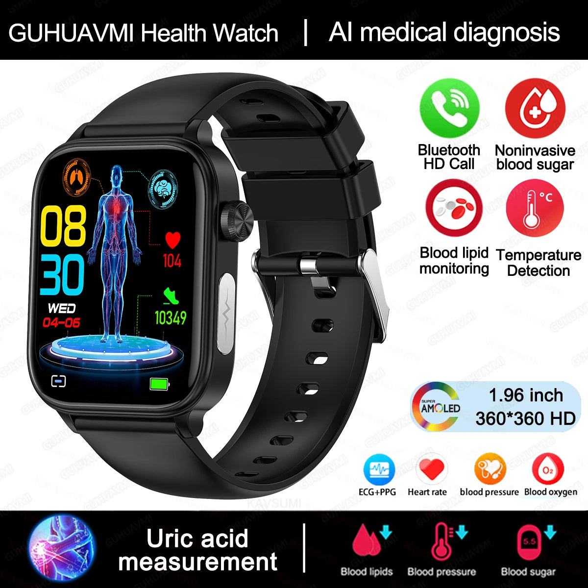 Novo Smartwatch para Homens com Diagnóstico Médico AI - Monitoramento de Lipídios no Sangue, Ácido Úrico, Glicose no Sangue, ECG+PPG, Chamadas Bluetooth, e Funções de Saúde