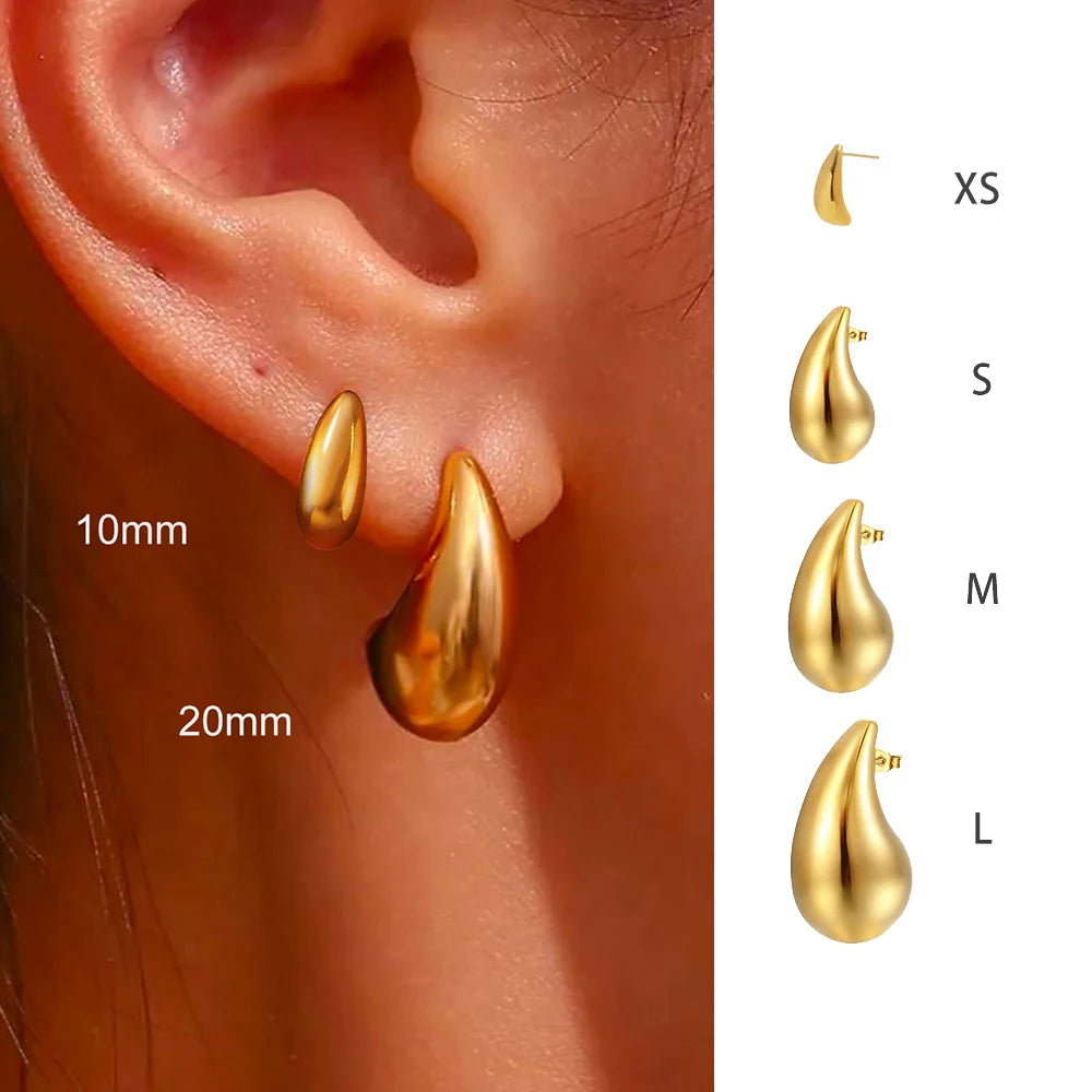 Brincos Vintage Chunky Gota de Água para Mulheres - Aço Inoxidável, Banho de Ouro 10-31mm