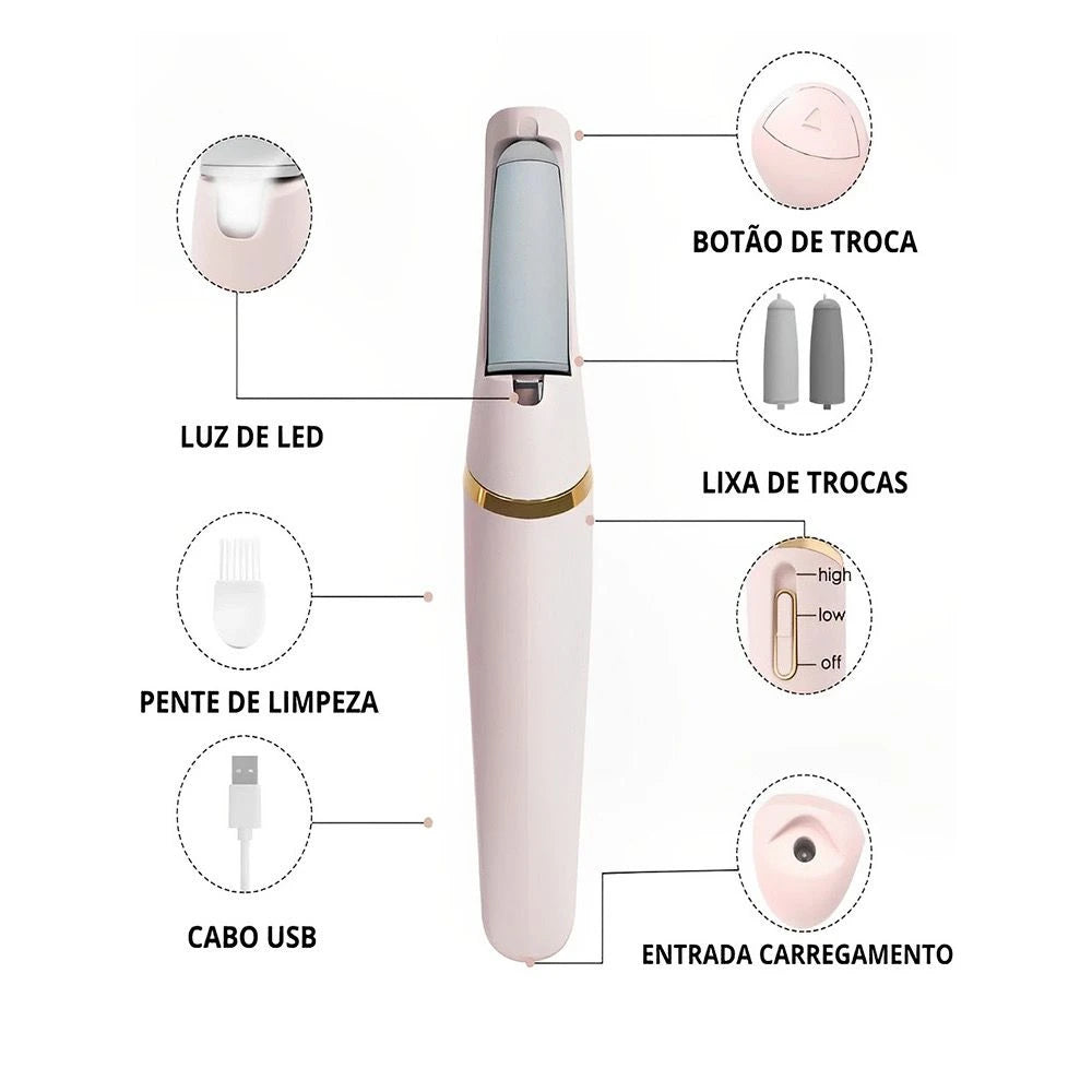 Lixadeira Elétrica para Pés com Lixa, Elimina Calos, Portátil, Recarga USB