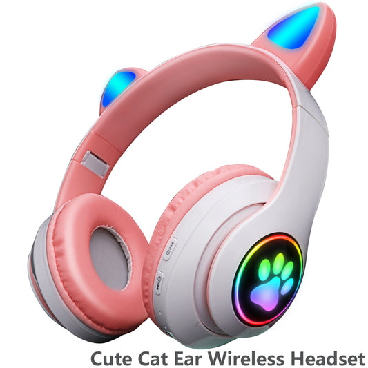 Fones de Ouvido Bluetooth com Orelhas de Gato Cor-de-Rosa - Headset Estéreo Dobrável com Microfone para Crianças