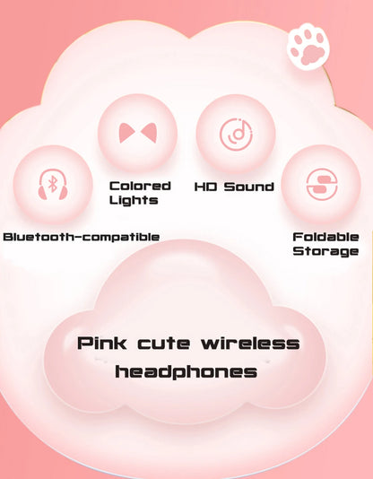 Fones de Ouvido Bluetooth com Orelhas de Gato Cor-de-Rosa - Headset Estéreo Dobrável com Microfone para Crianças