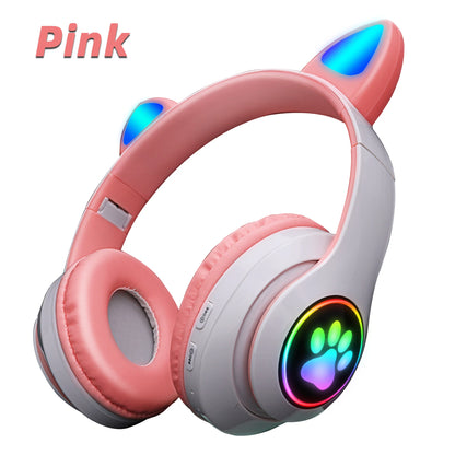 Fones de Ouvido Bluetooth com Orelhas de Gato Cor-de-Rosa - Headset Estéreo Dobrável com Microfone para Crianças