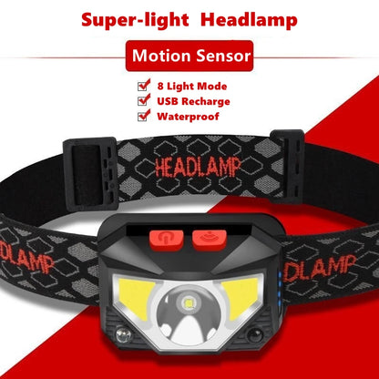 Lanterna de Cabeça LED COB com Sensor de Movimento e 8 Modos - Ideal para Camping, Pesca e Atividades ao Ar Livre