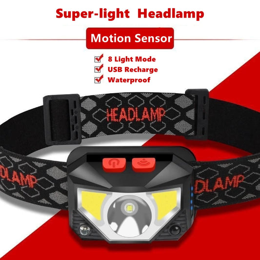 Lanterna de Cabeça LED COB com Sensor de Movimento e 8 Modos - Ideal para Camping, Pesca e Atividades ao Ar Livre
