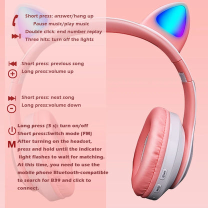 Fones de Ouvido Bluetooth com Orelhas de Gato Cor-de-Rosa - Headset Estéreo Dobrável com Microfone para Crianças