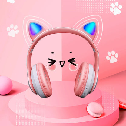 Fones de Ouvido Bluetooth com Orelhas de Gato Cor-de-Rosa - Headset Estéreo Dobrável com Microfone para Crianças