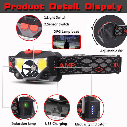 Lanterna de Cabeça LED COB com Sensor de Movimento e 8 Modos - Ideal para Camping, Pesca e Atividades ao Ar Livre