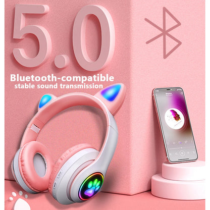 Fones de Ouvido Bluetooth com Orelhas de Gato Cor-de-Rosa - Headset Estéreo Dobrável com Microfone para Crianças