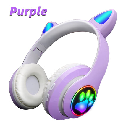 Fones de Ouvido Bluetooth com Orelhas de Gato Cor-de-Rosa - Headset Estéreo Dobrável com Microfone para Crianças