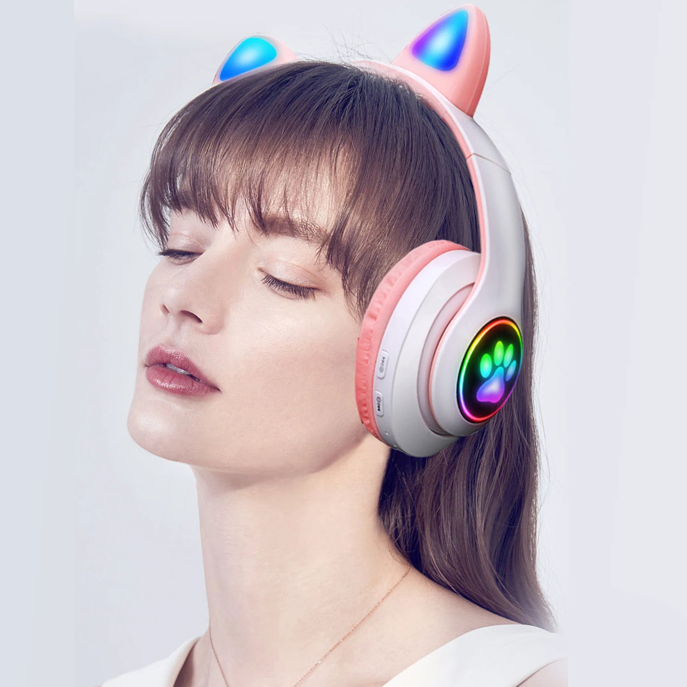 Fones de Ouvido Bluetooth com Orelhas de Gato Cor-de-Rosa - Headset Estéreo Dobrável com Microfone para Crianças