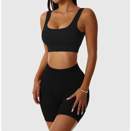 Conjunto de esporte de ioga com nervuras para mulheres sem costura Crop Top Bra Shorts Conjunto de ioga