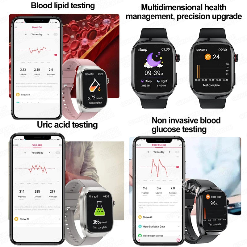 Novo Smartwatch para Homens com Monitoramento de Ácido Úrico, Gordura no Sangue, Glicose no Sangue, ECG+PPG, Pressão Arterial, Chamadas Bluetooth e Funções Esportivas - Compatível com Xiaomi