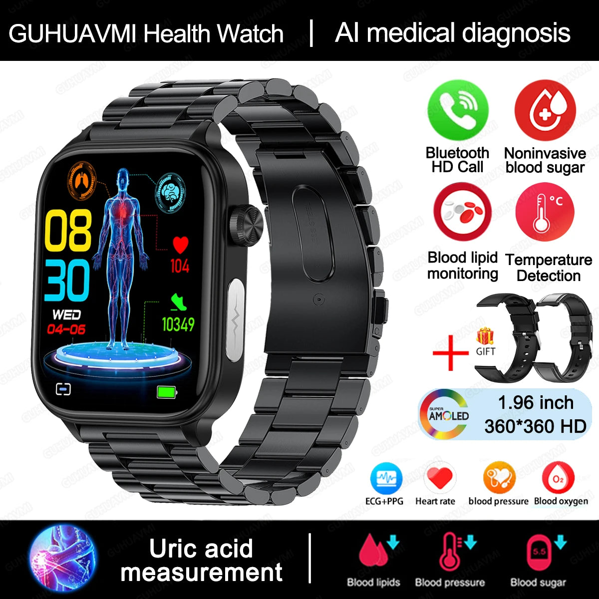 Novo Smartwatch para Homens com Diagnóstico Médico AI - Monitoramento de Lipídios no Sangue, Ácido Úrico, Glicose no Sangue, ECG+PPG, Chamadas Bluetooth, e Funções de Saúde