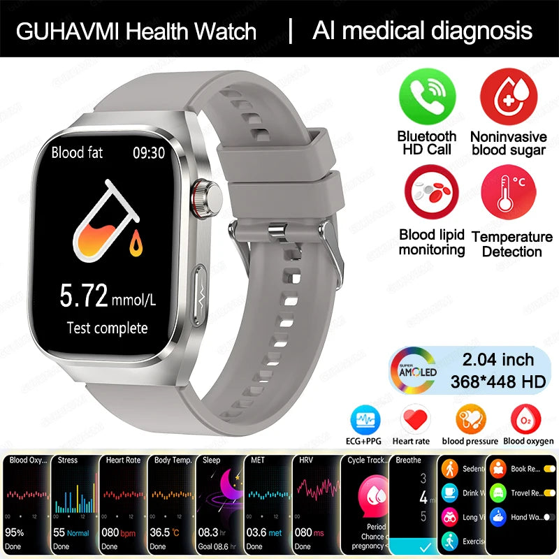 Novo Smartwatch para Homens com Monitoramento de Ácido Úrico, Gordura no Sangue, Glicose no Sangue, ECG+PPG, Pressão Arterial, Chamadas Bluetooth e Funções Esportivas - Compatível com Xiaomi