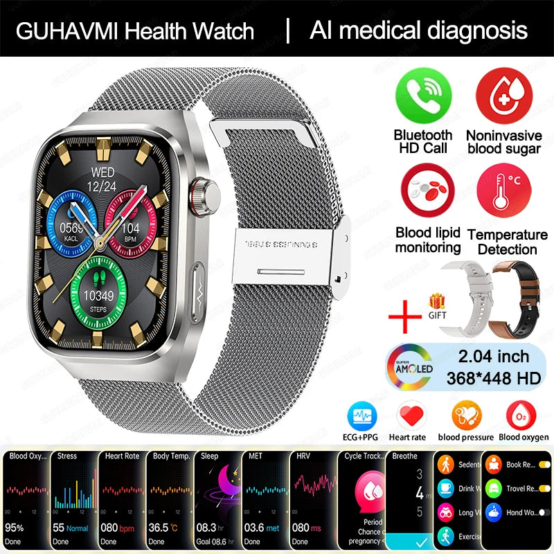 Novo Smartwatch para Homens com Monitoramento de Ácido Úrico, Gordura no Sangue, Glicose no Sangue, ECG+PPG, Pressão Arterial, Chamadas Bluetooth e Funções Esportivas - Compatível com Xiaomi