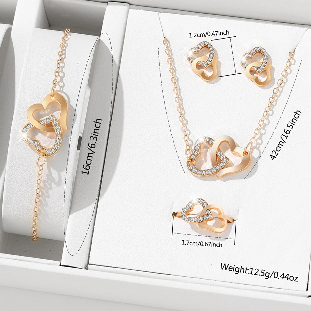 Conjunto de Joias Elegantes e Fashion 5 Peças – Brincos, Colares, Pulseiras e Anel em Formato de Coração com Strass Dourado
