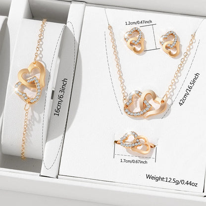 Conjunto de Joias Elegantes e Fashion 5 Peças – Brincos, Colares, Pulseiras e Anel em Formato de Coração com Strass Dourado